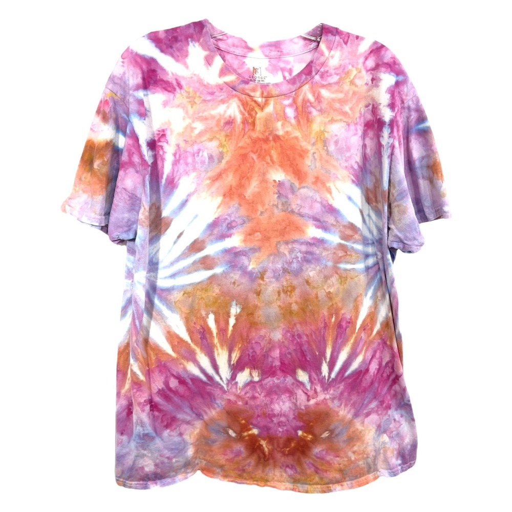 George XL Top Handmade Tie Dye T-Shirt Short Sleeve Orange‎ Purple Blue 587